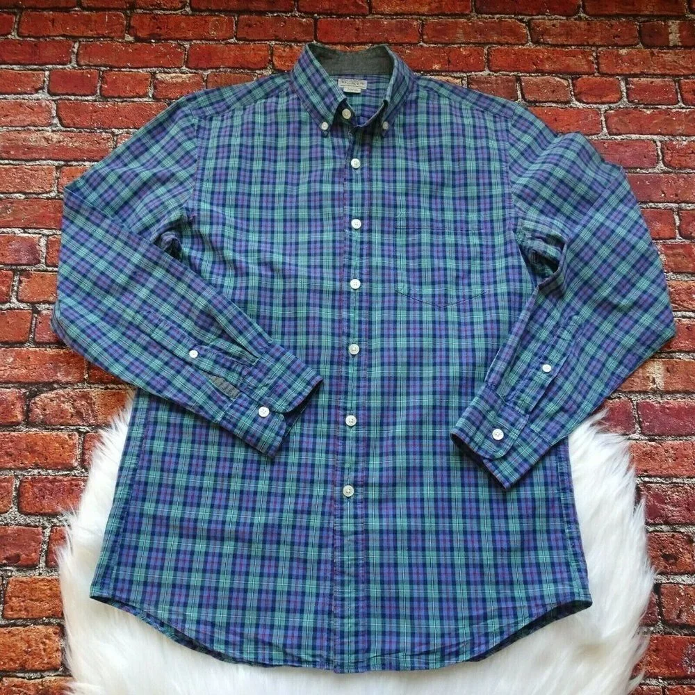 J. Crew Men's Button Down Shirt Top Long Sleeves Green Blue Multicolor Plaid S